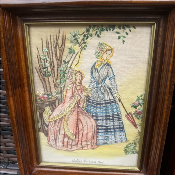 Vintage needlepoint Godey’s Fashions 1849 set of framed pictures - Picture 2 of 13